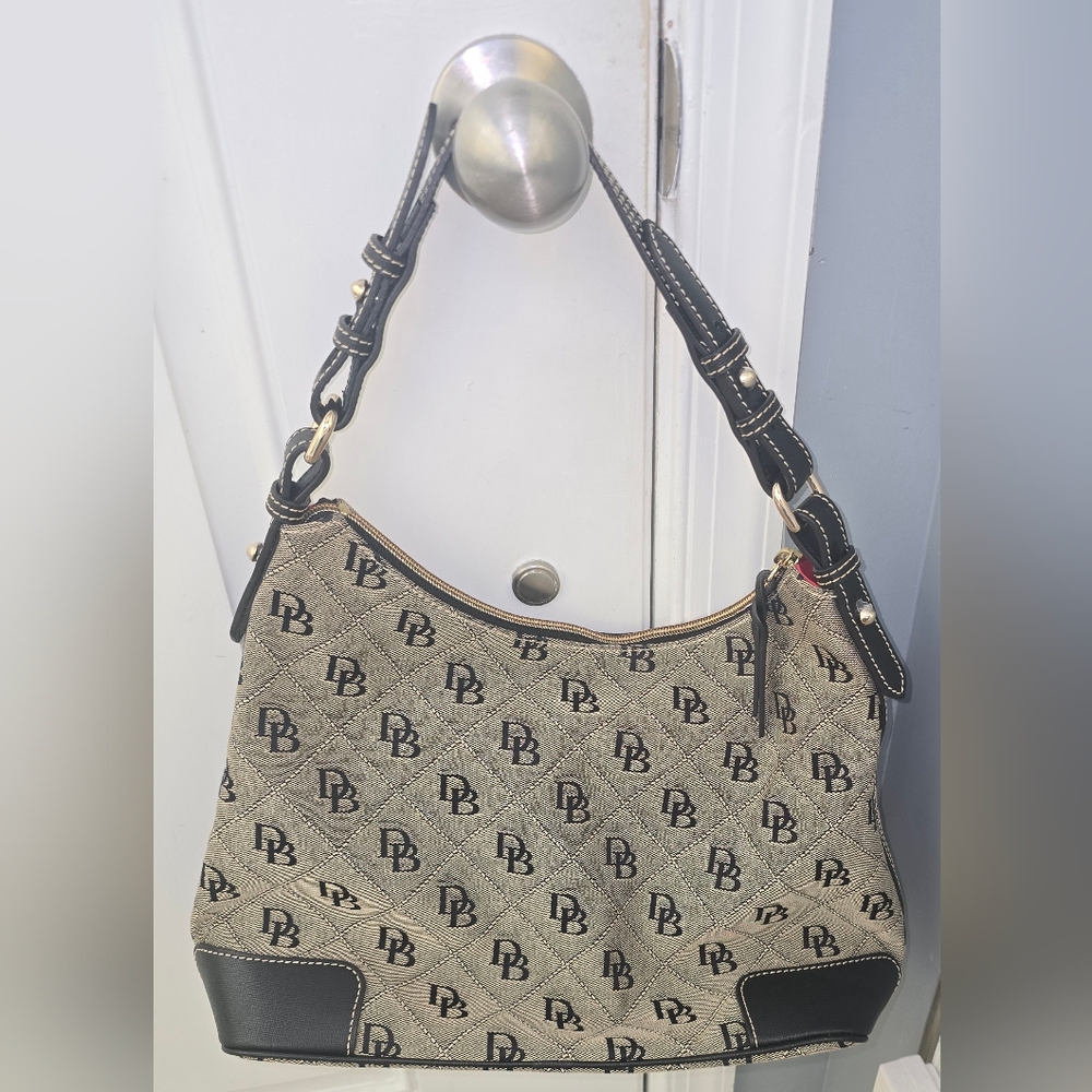 Dooney & Bourke Erica Gray Canvas Black Leather DB Printed Hobo Shoulder Bag - Picture 2 of 14